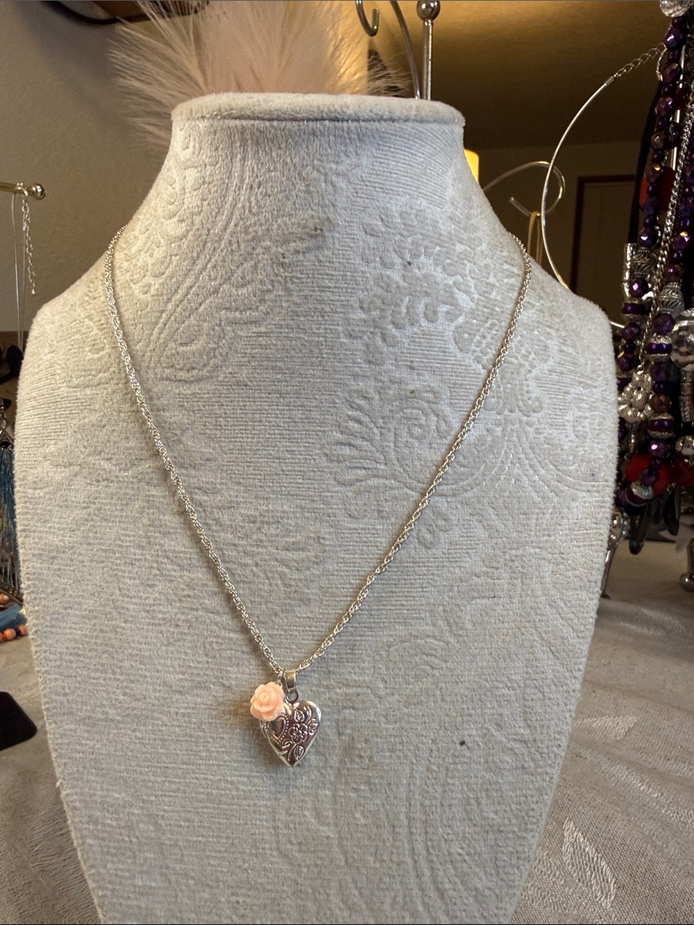 Silver Heart Locket Necklace with Pink Rose Charm - Women Jewelry